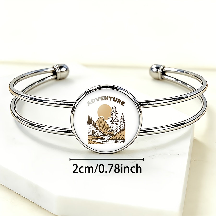 Adjustable Open Bangle Bracelet with Round Gem Inlay & Mountain Sunset Badge
